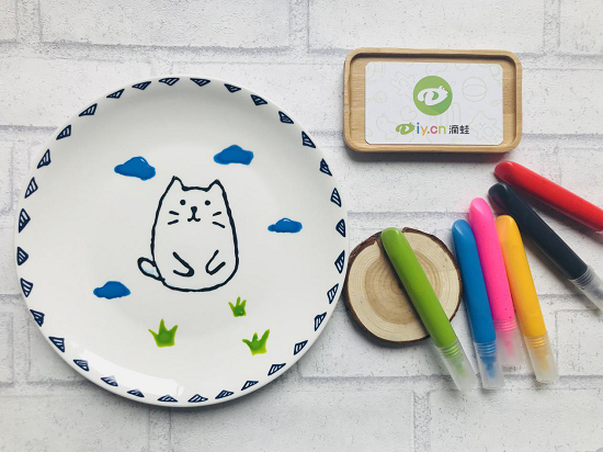 滴蛙儿童手工彩绘创意陶艺作品--害羞的猫咪