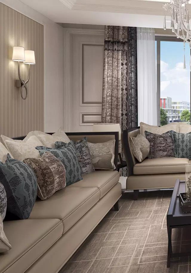 01 同色系搭配 选择跟沙发相同颜色的窗帘,这种搭自有工艺法非常适合